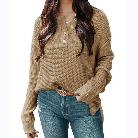 Damen nan lockerer Waffelstruktur Henley Pullover mit Knopfleiste und überschnittener Schulter Shop Nory