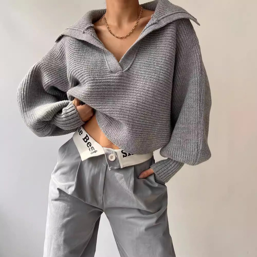 Damen Oversize Rippsweater mit Reverskragen und tiefem V‑Ausschnitt Shop Nory