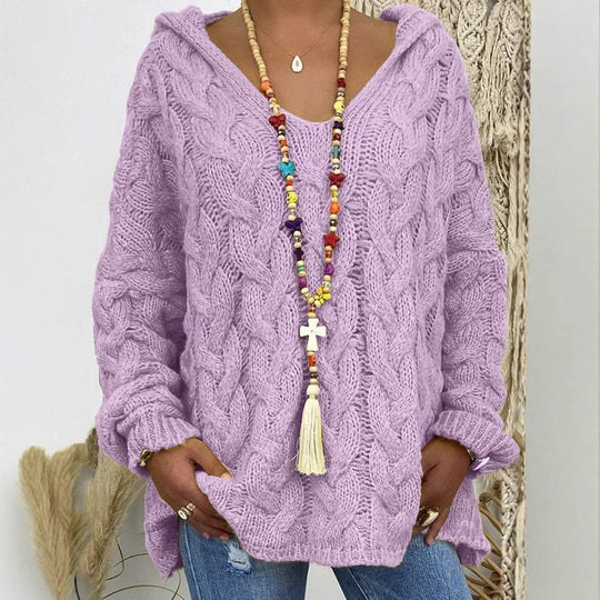 Damen Oversized Zopfmuster-Strickpullover mit Kapuze und lässigem V‑Ausschnitt Shop Nory