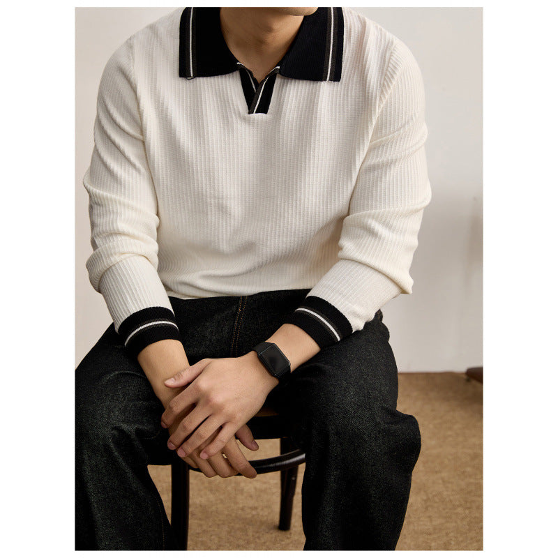 Herren Feinstrick-Polo mit V-Ausschnitt, gerippter Struktur und kontrastierenden Bündchen Shop Nory