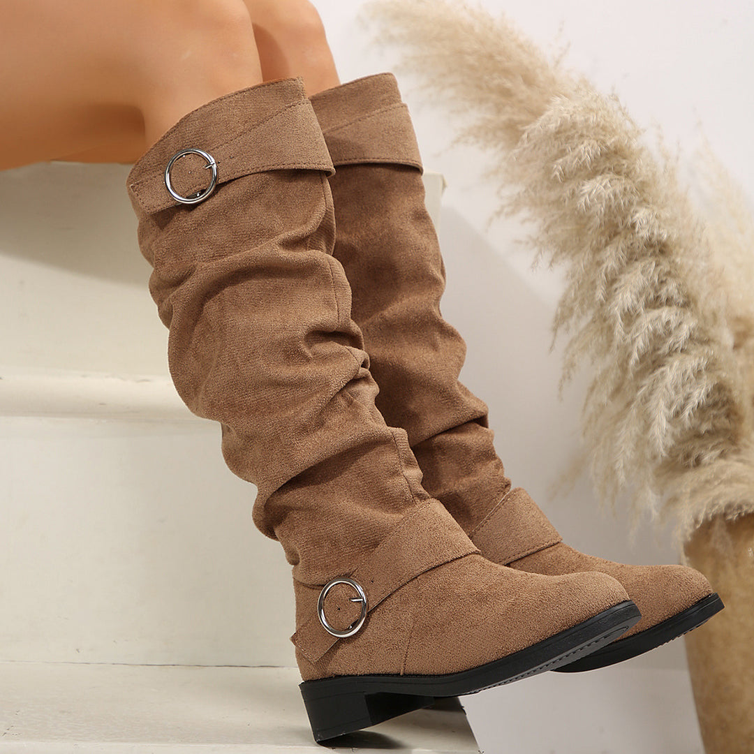 Damen Slouch-Stiefel kniehoch mit dekorativem Ringriemen und niedrigem Blockabsatz Shop Nory