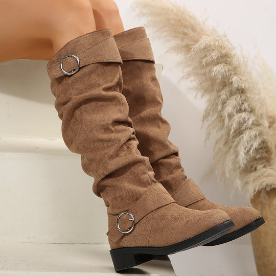 Damen Slouch-Stiefel kniehoch mit dekorativem Ringriemen und niedrigem Blockabsatz Shop Nory