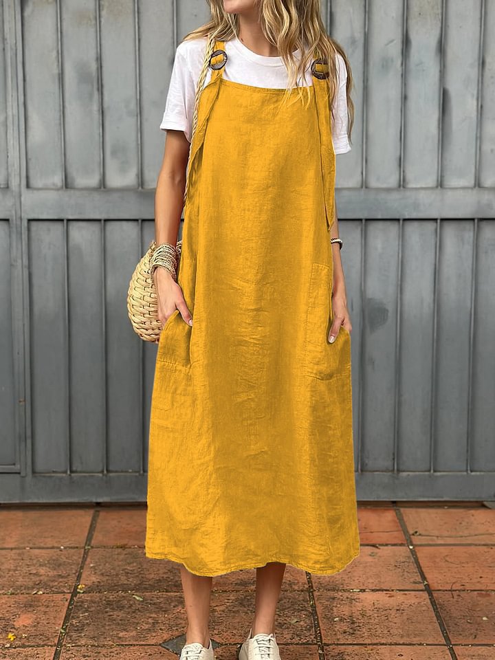 Damen Lässiges Leinen-Latzkleid mit praktischen Seitentaschen und verstellbaren Trägern Shopnory