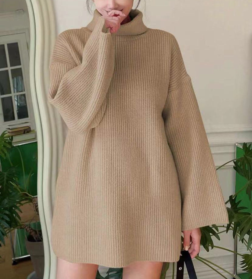 Damen Langer Strickpullover mit hohem Kragen und weit ausgestellten Ärmeln