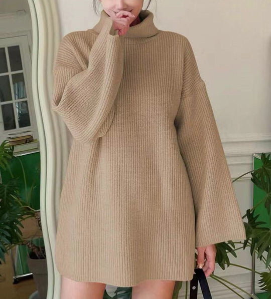 Damen Langer Strickpullover mit hohem Kragen und weit ausgestellten Ärmeln