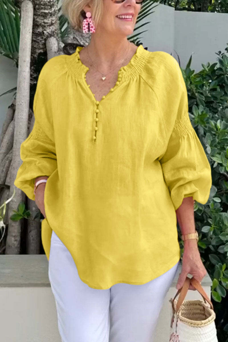Damen Leichte Bluse mit elastischen Puffärmeln und Knopfleiste
