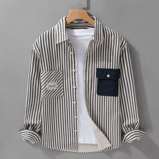Herren Gestreiftes Overshirt mit Kontrast-Brusttaschen und Kentkragen aus Baumwollmix Shop Nory
