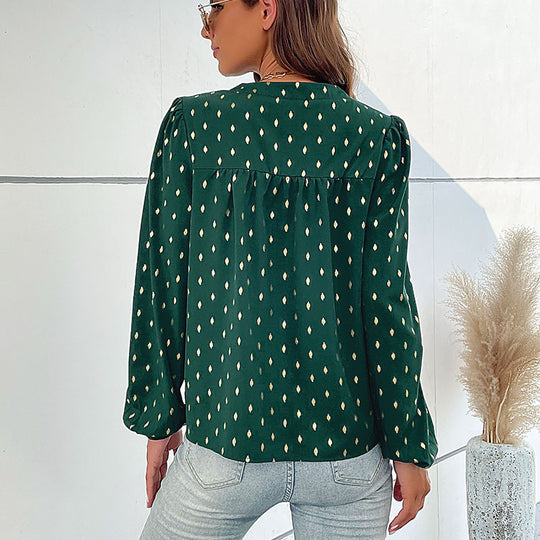 Damen Leichte Viskose-Bluse mit Stehkragen, Knopfleiste und feinem Tropfenprint Shop Nory