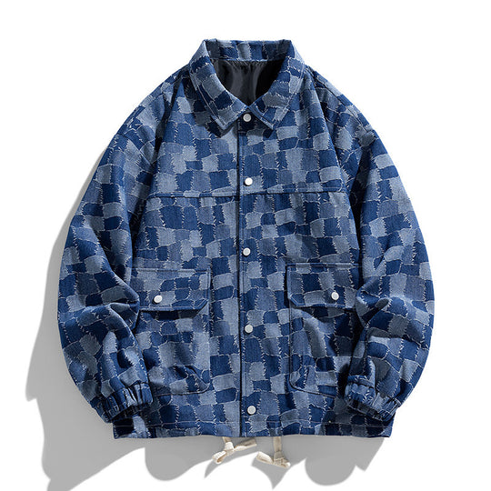 Herren Oversize-Jeansjacke im Karo-Look mit Druckknöpfen, Pattentaschen und Kordelzug Shop Nory