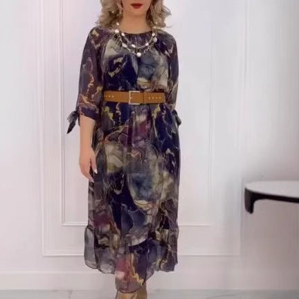Damen Elegantes Chiffon Maxikleid mit floralen Akzenten, gestuftem Rock und 3/4-Ärmeln Shop Nory