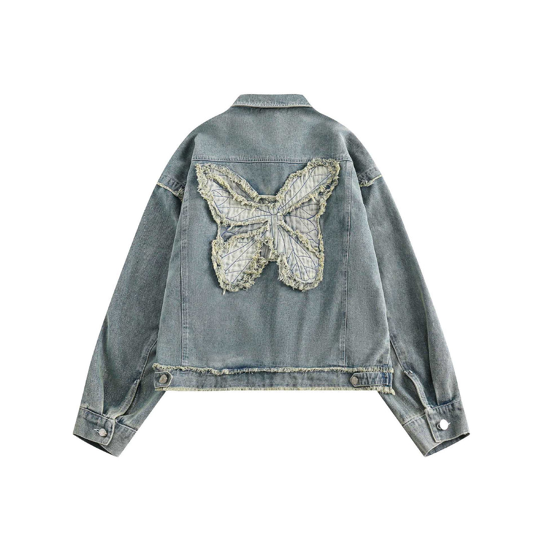 Unisex Oversize Denim-Blousonjacke mit Fransenabschlüssen und Utility-Taschen Shop Nory