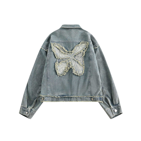 Unisex Oversize Denim-Blousonjacke mit Fransenabschlüssen und Utility-Taschen Shop Nory