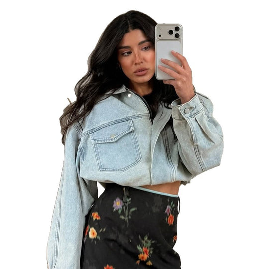 Damen Cropped-Denimjacke mit Tunnelzug, kastiger Oversize-Silhouette & Pattentaschen Shop Nory