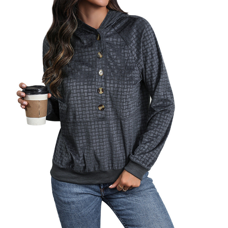 Damen Texturierter Kapuzenpullover mit Knopfleiste und Strukturmuster Shop Nory