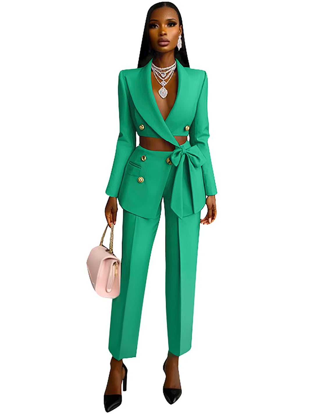 Damen Taillierter Crop-Blazer mit Zierschleife, Doppelreiher und Hochtaillierter Hose Shop Nory