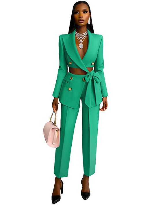 Damen Taillierter Crop-Blazer mit Zierschleife, Doppelreiher und Hochtaillierter Hose Shop Nory