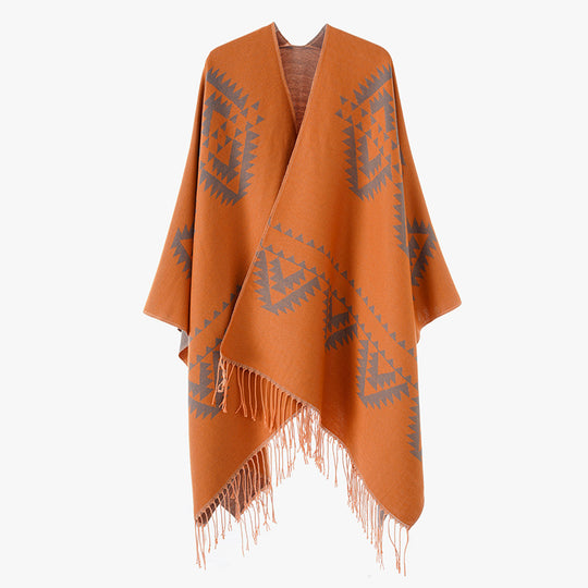 Damen Grobgewebter Jacquard-Umhang im Oversize mit Zipfelsaum und Fransensaum Shop Nory