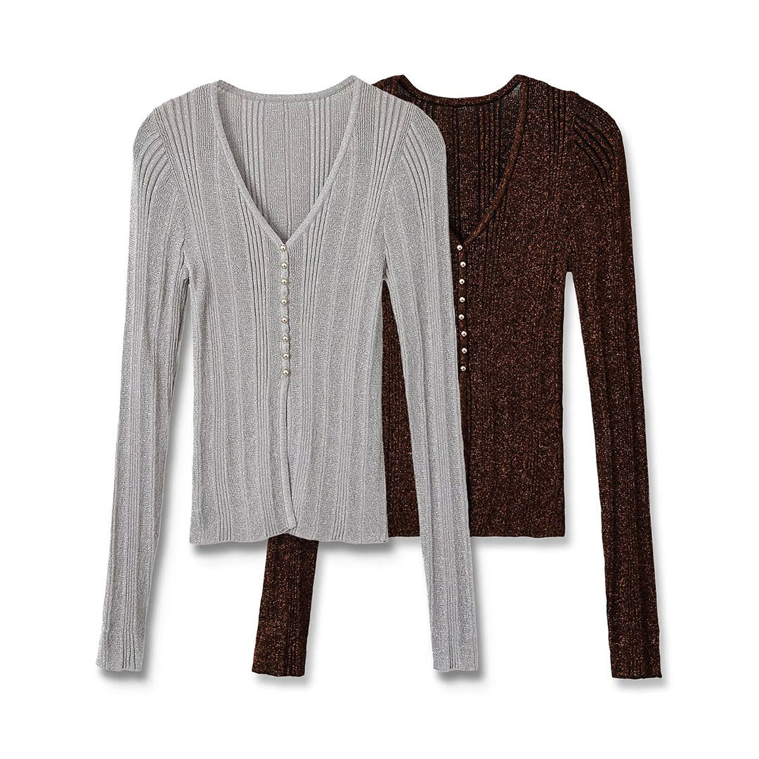 Damen Figurbetonter gerippter Feinstrick-Cardigan mit V‑Ausschnitt, Glanzfaden und Zierknopfleiste Shop Nory