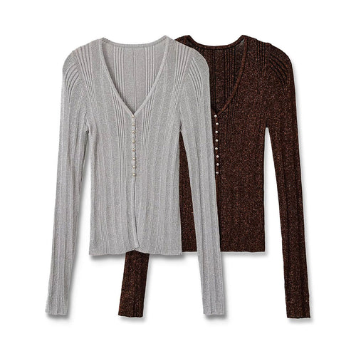 Damen Figurbetonter gerippter Feinstrick-Cardigan mit V‑Ausschnitt, Glanzfaden und Zierknopfleiste Shop Nory