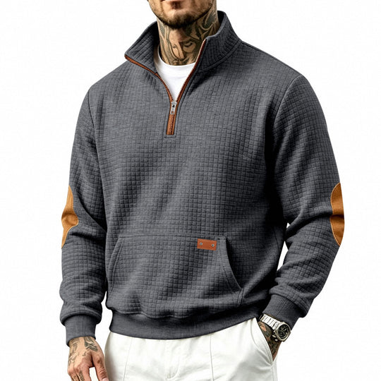 Herren Stehkragen-Halbzip-Sweatshirt mit karierter Reliefstruktur und Lederoptik-Ellenbogenpatches Shop Nory