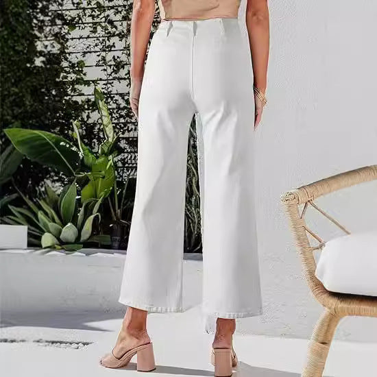 Damen High-Waist Jeans mit Knopfdetail und weitem Bein