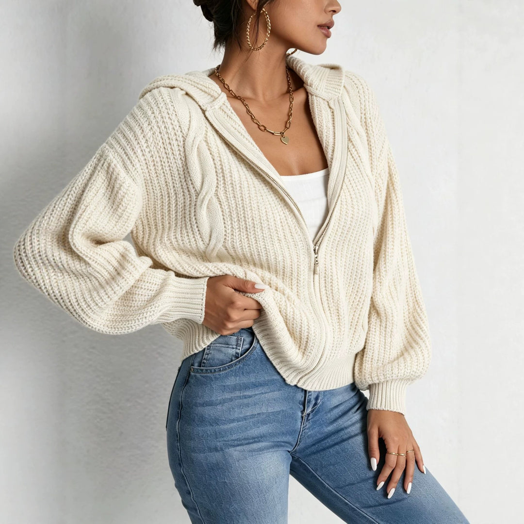 Damen Kapuzen-Cardigan im Grobstrick mit Zopfmuster und Reißverschluss Shop Nory
