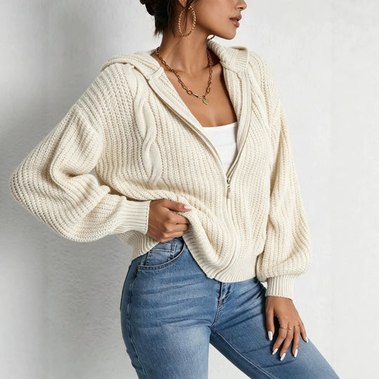 Damen Kapuzen-Cardigan im Grobstrick mit Zopfmuster und Reißverschluss Shop Nory