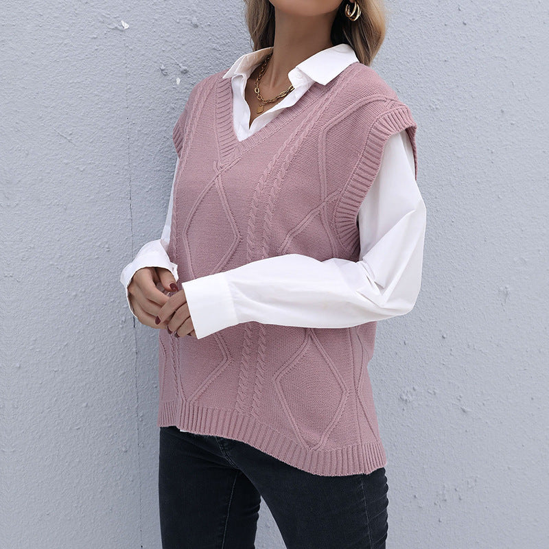 Damen Strickweste mit V-Ausschnitt, Rautenmuster und kastiger Oversize-Silhouette Shop Nory
