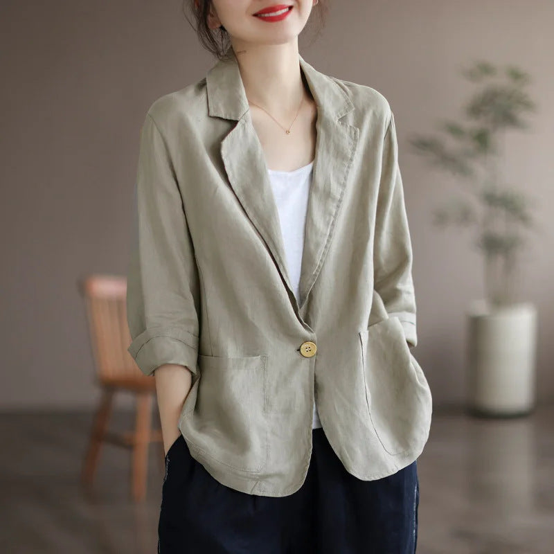 Damen Lässiger Leinenblazer mit breiten Ärmeln und Knopfverschluss