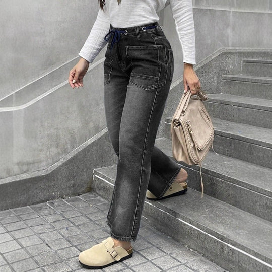 Damen Hochtaillierte Jeans mit geradem Bein, Tunnelzugbund und aufgesetzten Taschen Shop Nory