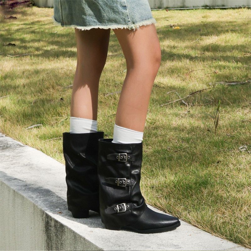 Damen Mid-Calf Stiefel mit spitzer Zehenpartie, dreifachen Zierschnallen und leichtem Blockabsatz Shop Nory