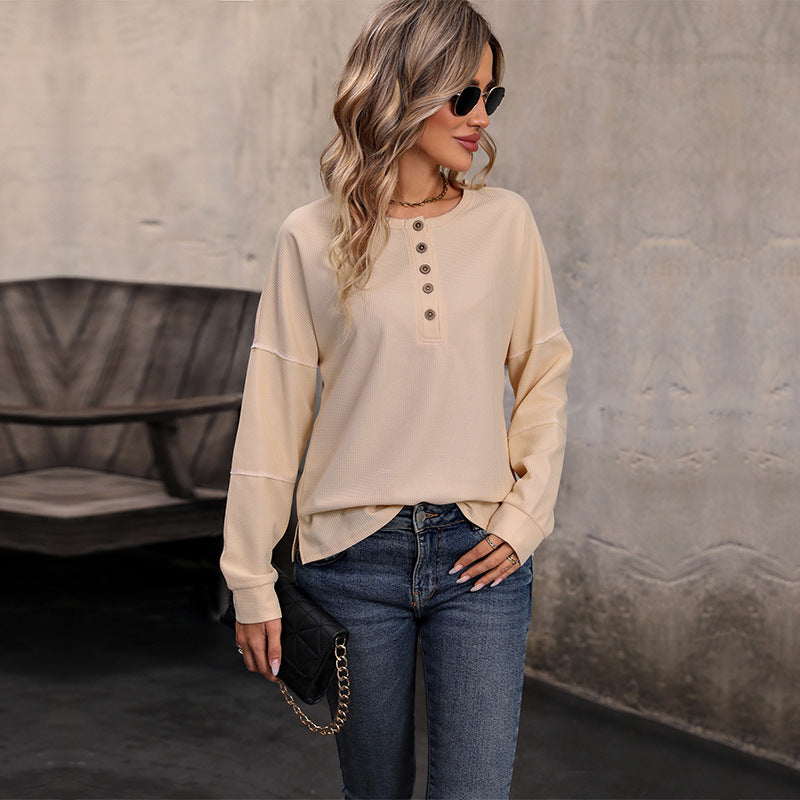 Damen Langärmeliges Waffelstrick-Henleyshirt mit Knopfleiste Shop Nory