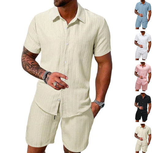 Herren nan luftiges Kurzarm-Hemd mit offenem Revers und passender Freizeishorts aus strukturierter Baumwollmischung Shopnory