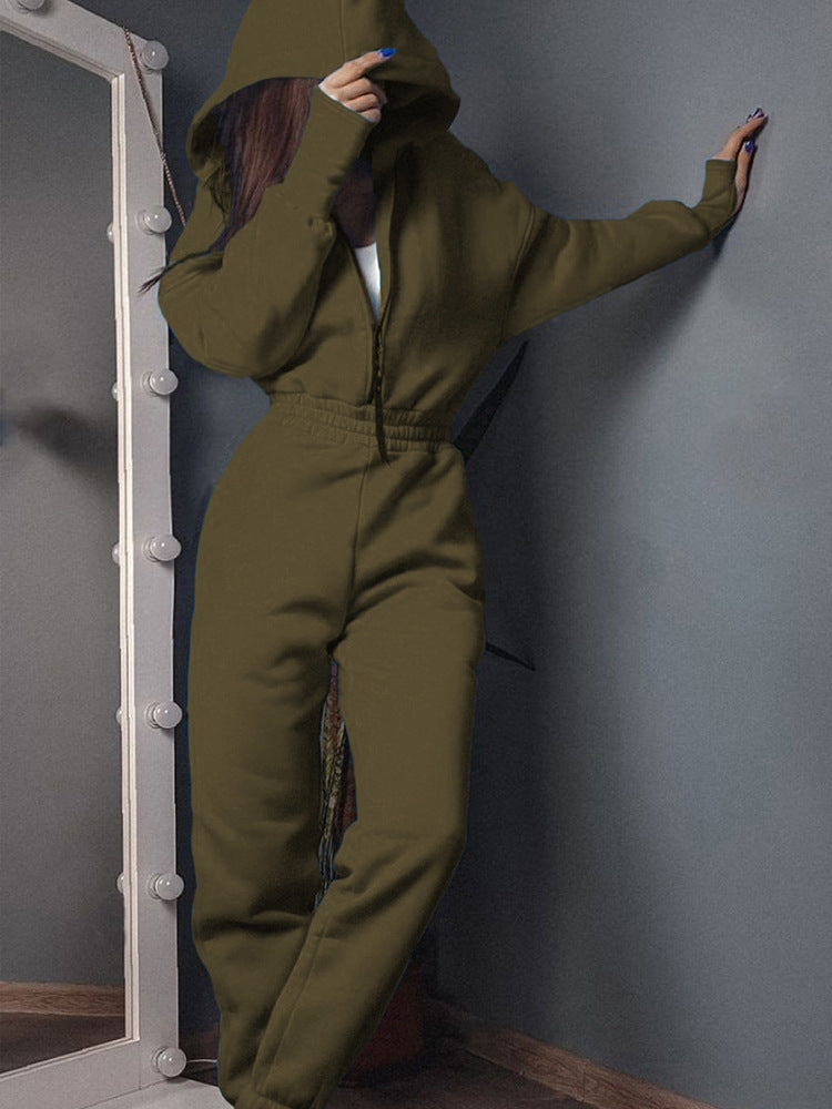 Damen Taillierter Kapuzen-Sweat-Jumpsuit mit Reißverschluss und elastischem Taillenbund Shop Nory