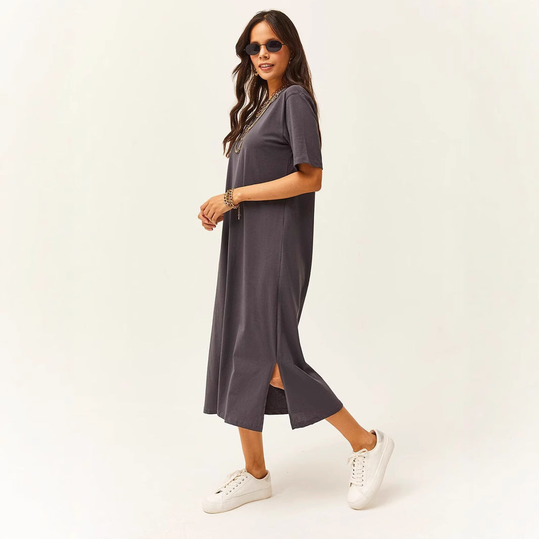 Damen schlichtes langärmliges Kleid mit seitlichen Schlitzen und komfortablem Schnitt Shopnory