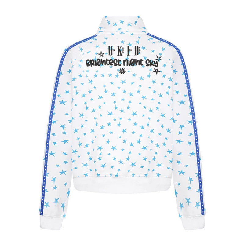 Damen Sweatjacke im Retro-Trackstil mit Stehkragen, Sternen-Print und Kontraststreifen Shop Nory