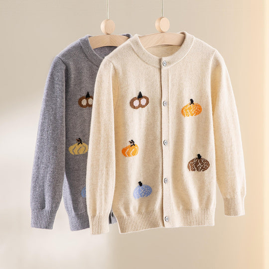 Damen Strickjacke mit Intarsia-Kürbismotiven, Rundhalsausschnitt und Knopfleiste Shop Nory