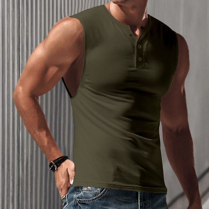 Herren nan ärmelloses Muskelshirt mit Henley-Knopfleiste, tiefem Armausschnitt und elastischem Baumwollmix