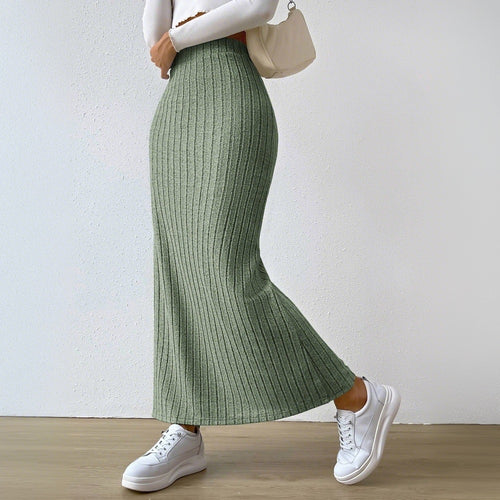 Damen gerippter Midirock mit hohem Bund und figurumspielender A-Linie Shop Nory