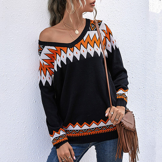 Damen Oversize Strickpullover mit geometrischem Aztekenmuster und asymmetrischem schulterfreiem Ausschnitt Shop Nory