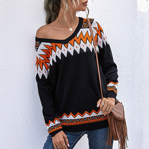 Damen Oversize Strickpullover mit geometrischem Aztekenmuster und asymmetrischem schulterfreiem Ausschnitt Shop Nory