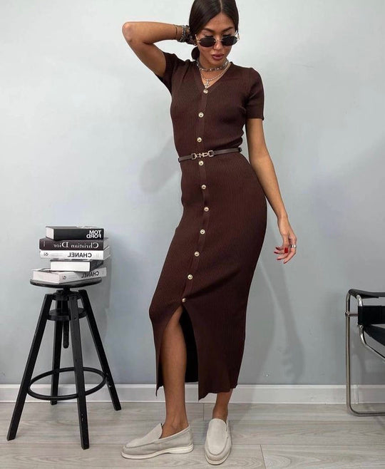 Damen Midi-Kleid mit strukturiertem Rippdesign und Knopfleiste