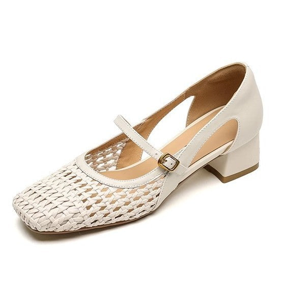 Damen elegante Mary Jane Pumps mit modischem Geflecht und bequemem Blockabsatz