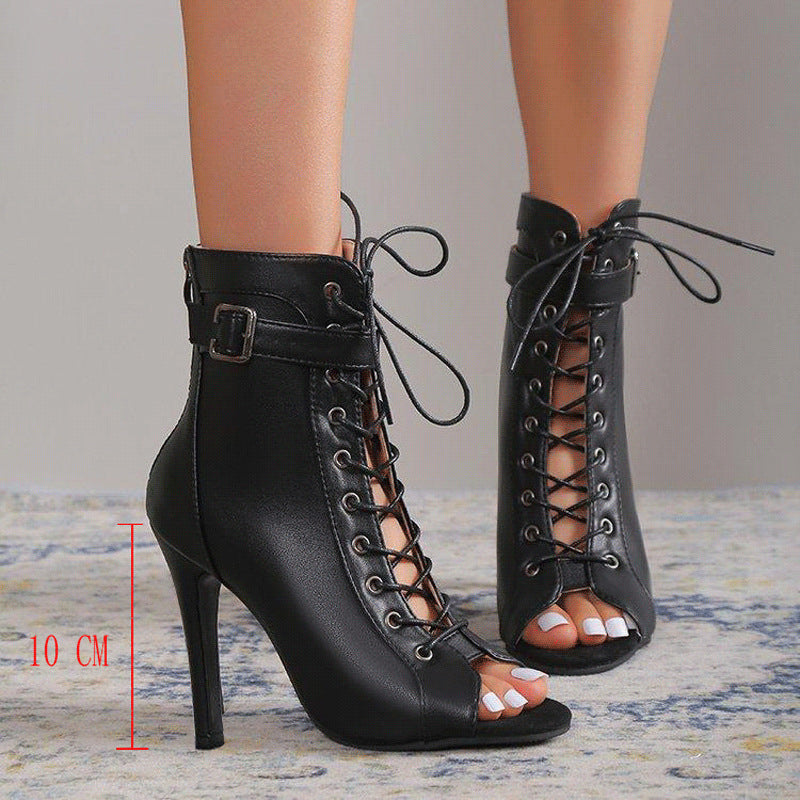 Damen Schnürstiefeletten mit offener Zehenpartie und hohem Absatz