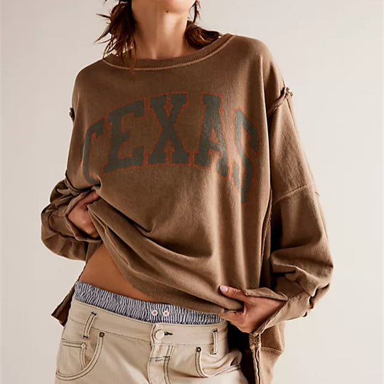 Damen oversized Sweatshirt mit Rüben-Print, ausgefransten Nahtakzenten und Daumenlochärmeln Shop Nory
