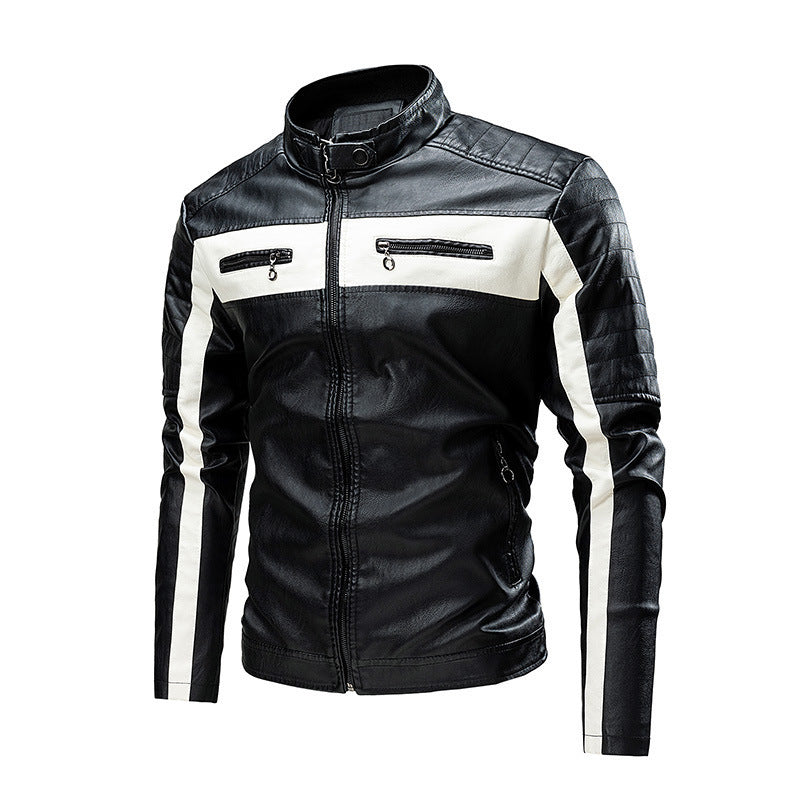 Herren Biker-Lederjacke im Colorblock-Design mit gesteppter Schulterpartie und Stehkragen Shop Nory