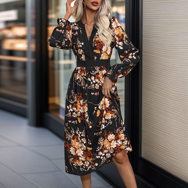 Damen Midikleid mit tailliertem Bund, V‑Ausschnitt, langen Ärmeln und floralem Allover‑Print Shop Nory