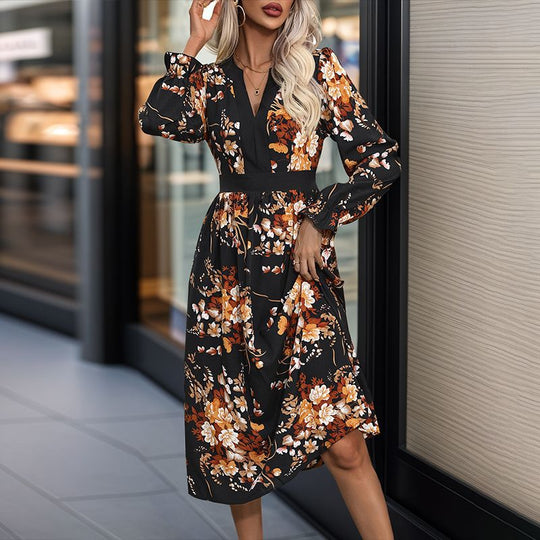 Damen Midikleid mit tailliertem Bund, V‑Ausschnitt, langen Ärmeln und floralem Allover‑Print Shop Nory