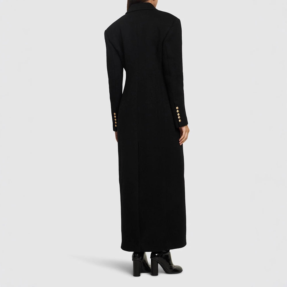 Damen Maxi-Mantelkleid mit markanter Schulterpartie und goldenen Zierknöpfen Shop Nory
