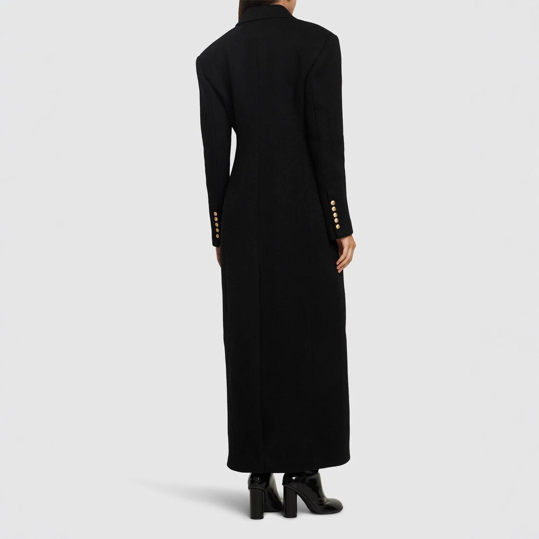 Damen Maxi-Mantelkleid mit markanter Schulterpartie und goldenen Zierknöpfen Shop Nory